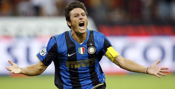 Inter Milan's Zanetti celebrates after scoring against AS Roma during their Italian Supercup soccer match in Milan