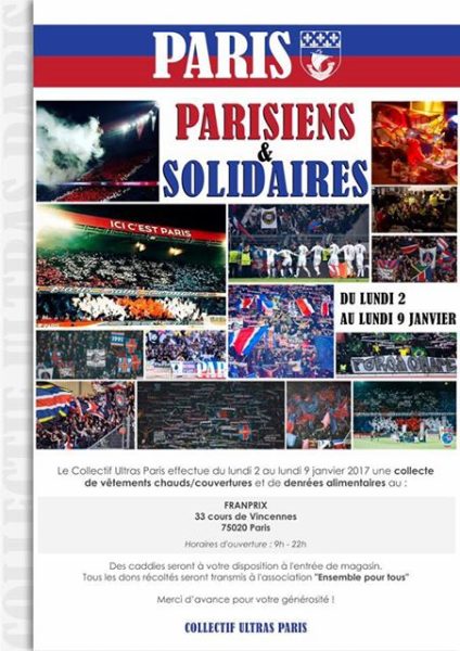 Le Collectif Ultras Paris organise une collecte de vêtements et denrées alimentaires