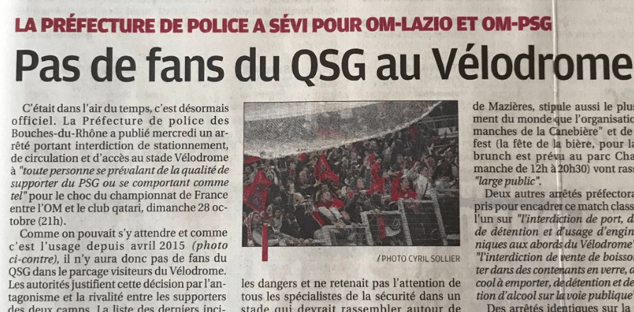 OM/PSG - La Provence lance la provocation en parlant des supporters du "QSG" interdits de déplacement