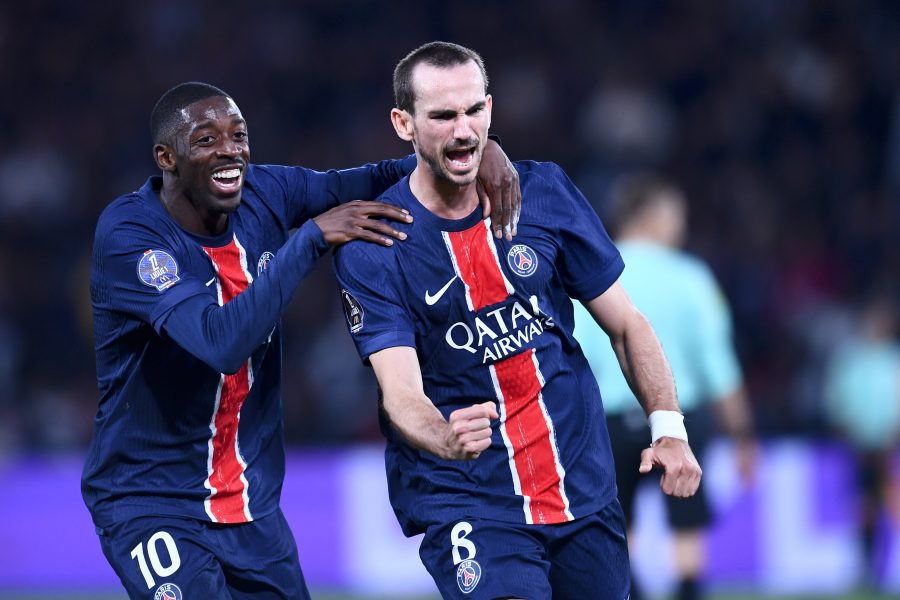 Dembélé + Ruiz célébration but PSG/Brest